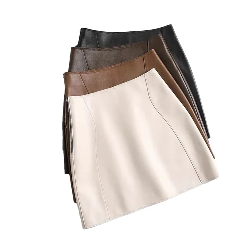 Women Leather Sexy Mini Skirt Slim Fit High Waist A-Line Skirt Office Work Business Skirts Black XL