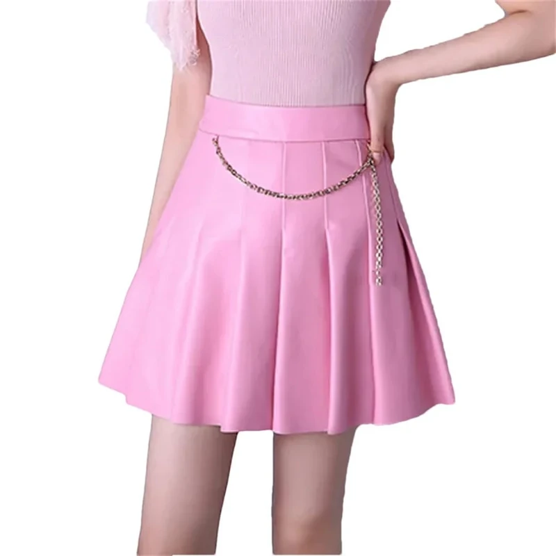 Women Mini Pleated Leather Skirt High Waist Preppy Style Pleated Skirt Slim A-Line Mini Skirts Pnnrk M