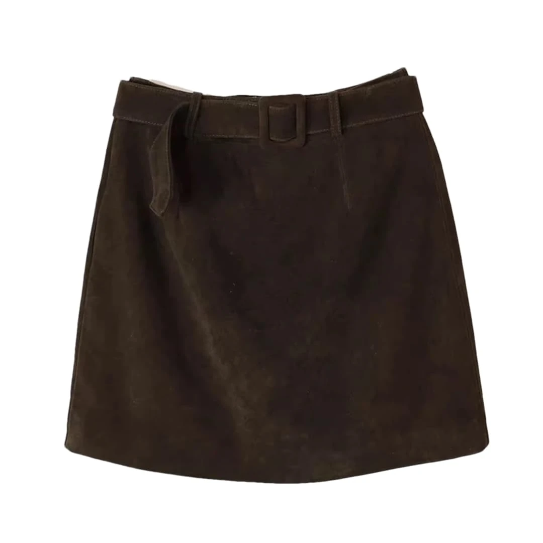 Women Solid Color Micro Skirt Vintage High Wide Belt Mini Skirts Solid Casual Skirt Dark Brown XXL