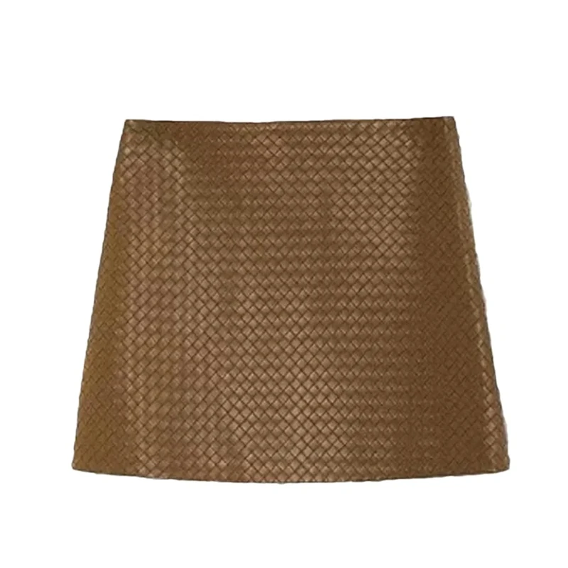 Women Leather Mini Skirt - Slim A-Line, Light Coffee, L