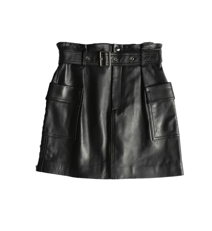 Women Leather Sexy Mini Skirt High Waist Vintage A-Line Skirt Belt Pocket Casual Skirts Black L