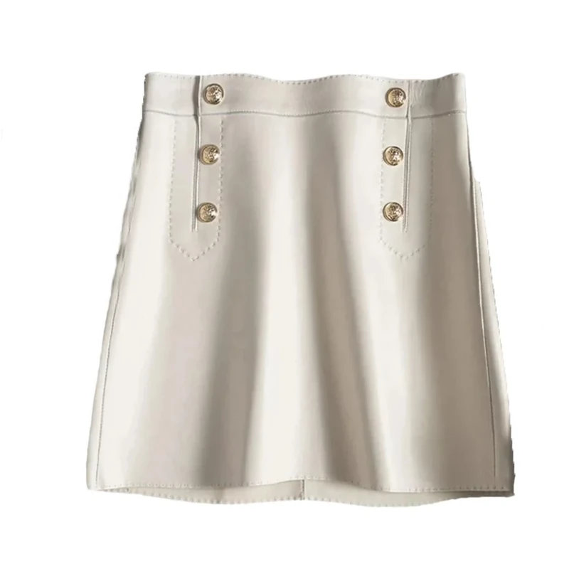 Women High Waist Mini Skirts Wrap Leather Double Breasted Metal Button Skirts Office Skirt Cream XXL