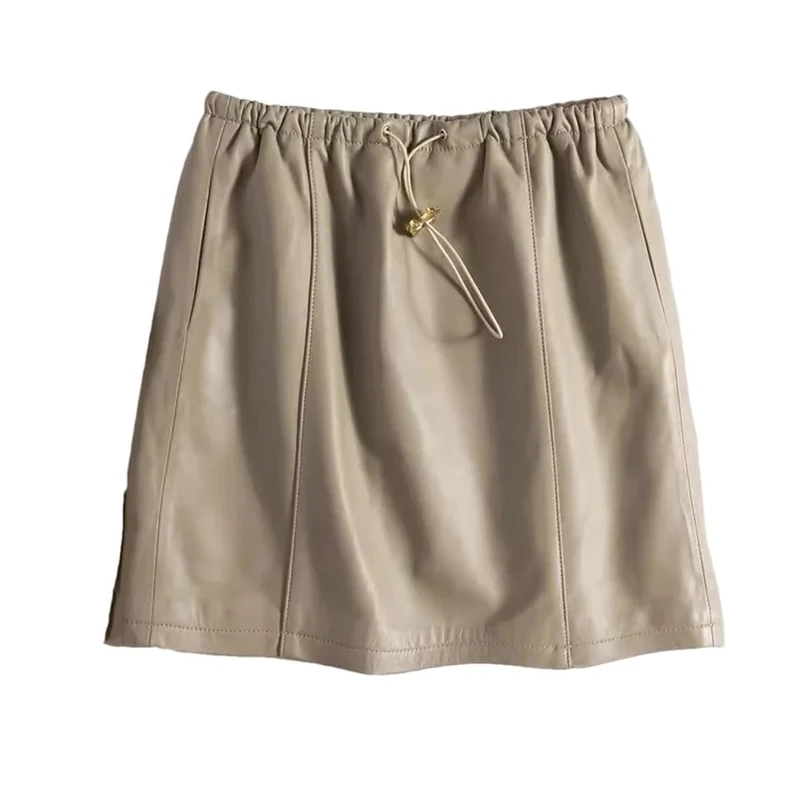 Women Leather Mini Skirt High Elastic Waist Drawstring Skirt Casual Street Straight Skirts Beige XXL