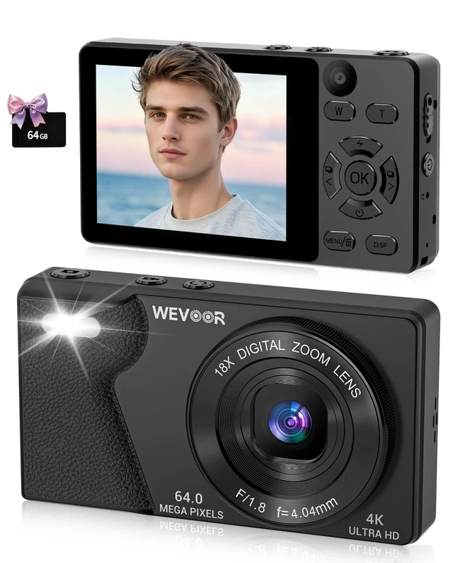 Wevoor 4K Digital Camera 64MP Autofocus Compact Camera 64GB for Travel Party with Dual-Lens, 18X Digital Zoom, 2000mAh Battery, 2.8" Screen Portable Small Photo Camera for Adults Beginner Teen, Black