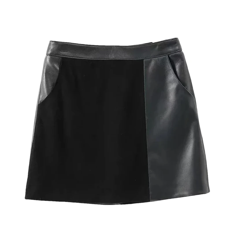 Woman Leather Suede Patchwork Short Female A-Line Asymmetric Slim Mini Skirts with Pocket Black XL