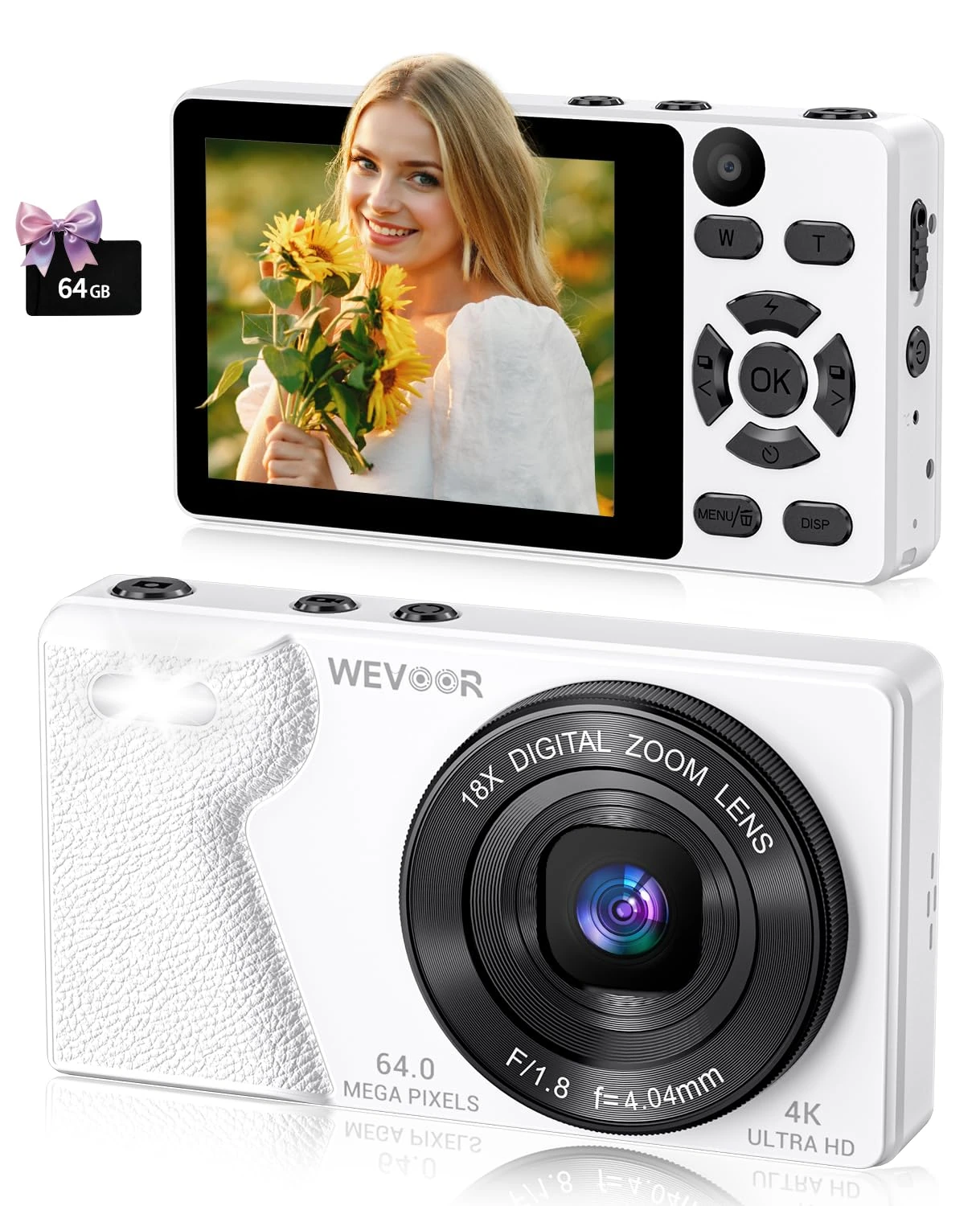Wevoor Compact Digital Camera 4K 64MP Autofocus Vlogging Camera for Travel Daily with Dual-Lens, 18X Digital Zoom, 2000mAh Battery, 2.8" Screen 64GB Small Pocket Camera for Beginner Adult Teens, White