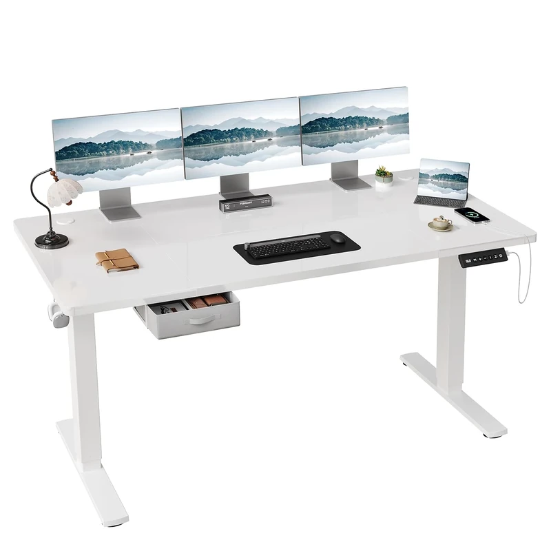 JUMMICO Height Adjustable Electric 180 x 80cm Standing Desk with Drawer & Hooks – Height Adjustable Sit Stand Desk with Stable Steel Frame, Wide Desktop Standing Table for Home Office,White