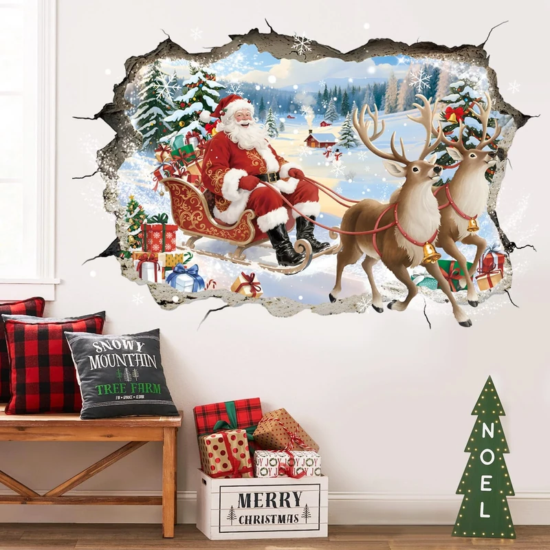 SHUCHING Santa 3D Christmas Wall Stickers, Extra Large Vinyl Removable Xmas Wall Decal Decorations