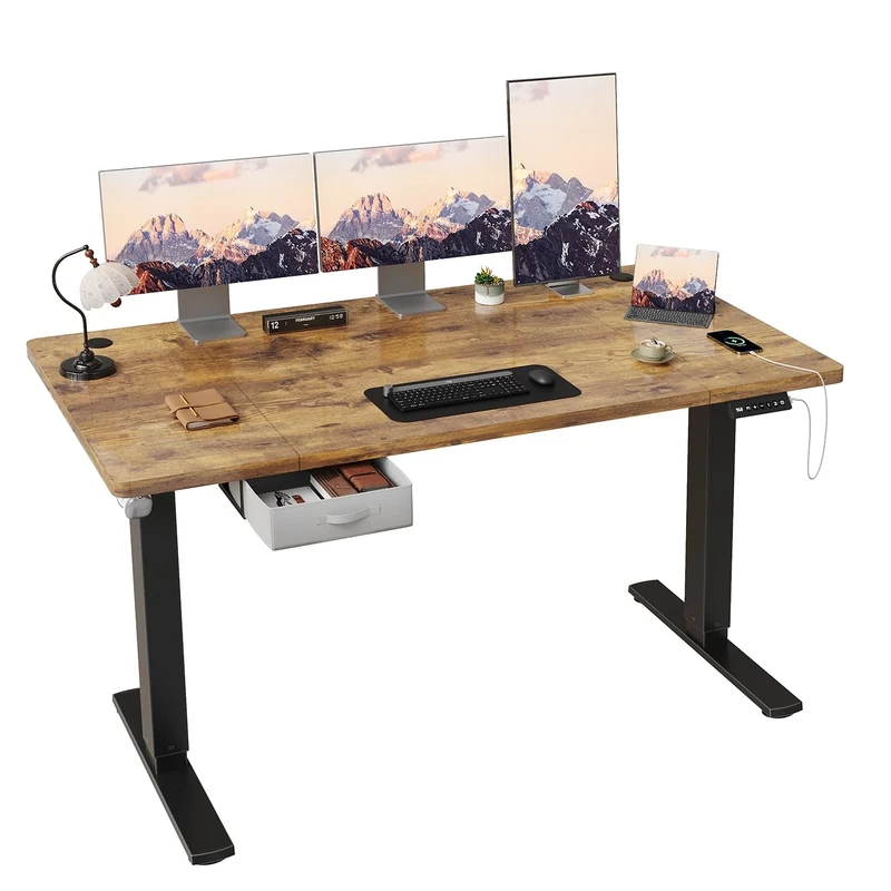 JUMMICO Height Adjustable Electric 160 x 80cm Standing Desk with Drawer & Hooks – Height Adjustable Sit Stand Desk with Stable Steel Frame, Wide Desktop Standing Table for Home Office,Rustic Brown
