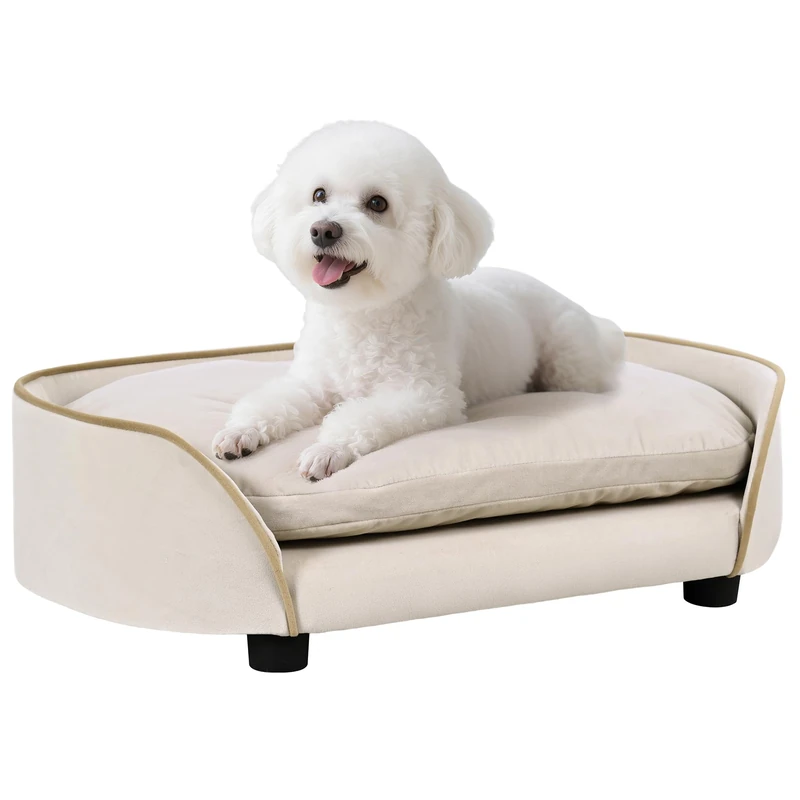 PawHut Dog Sofa Pet Sofa with Removable Cushion and Washable Velvet Cover, 66 x 43 x 19.5 cm, Beige