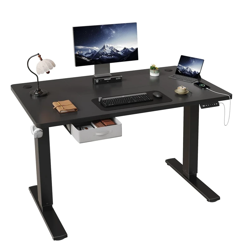JUMMICO Height Adjustable Electric 140 x 80cm Standing Desk with Drawer & Hooks – Height Adjustable Sit Stand Desk with Stable Steel Frame, Wide Desktop Standing Table for Home Office,Black