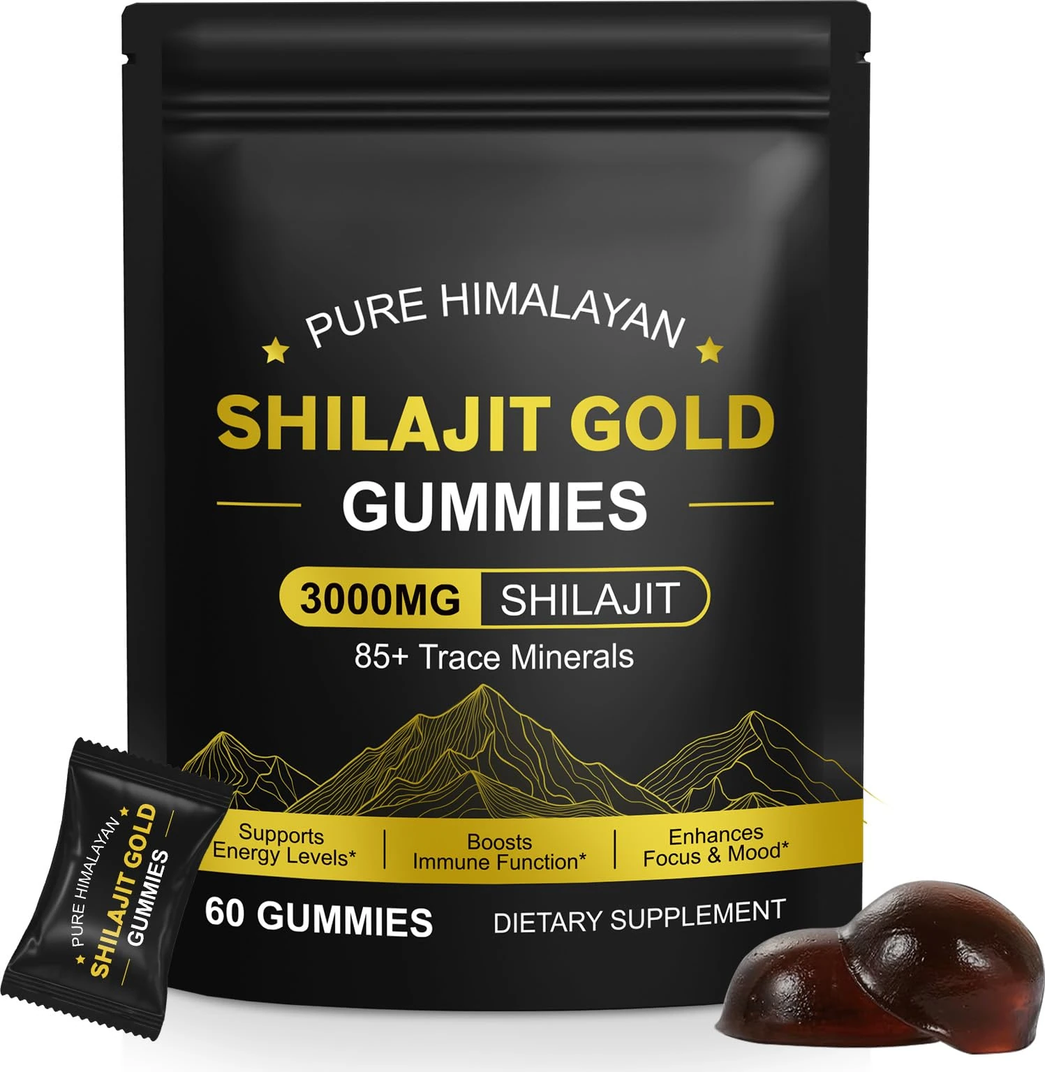 Shilajit Gummies 3000mg - Himalayan Shilajit with Ashwagandha & Turmeric for Energy, Immunity Support - Natural Supplement for Men & Women - Vegan, Gluten-Free, 60 Chewable Gummies