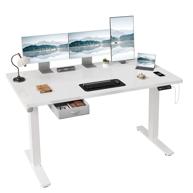 JUMMICO Height Adjustable Electric 160 x 80cm Standing Desk with Drawer & Hooks – Height Adjustable Sit Stand Desk with Stable Steel Frame, Wide Desktop Standing Table for Home Office,White