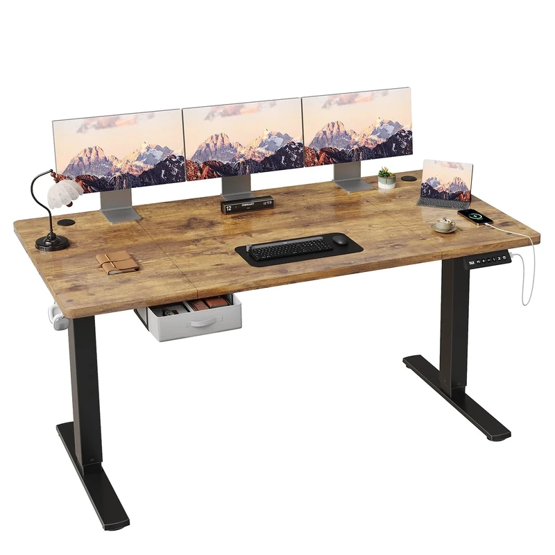 JUMMICO Height Adjustable Electric 180 x 80cm Standing Desk with Drawer & Hooks – Height Adjustable Sit Stand Desk with Stable Steel Frame, Wide Desktop Standing Table for Home Office,Rustic Brown
