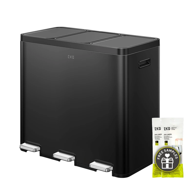 EKO Essential Rubbish Bin 3 Compartments, 3 x 20 Litres, Waste Separation System, Kitchen Pedal Bin, Includes 20 Rubbish Bags, Large Capacity Waste Bin with Lid, Soft Close and Airtight, Matte Black