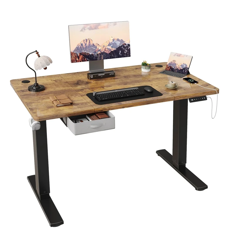 JUMMICO Height Adjustable Electric 140 x 80cm Standing Desk with Drawer & Hooks – Height Adjustable Sit Stand Desk with Stable Steel Frame, Wide Desktop Standing Table for Home Office,Rustic Brown