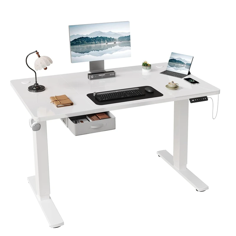 JUMMICO Height Adjustable Electric 140 x 80cm Standing Desk with Drawer & Hooks – Height Adjustable Sit Stand Desk with Stable Steel Frame, Wide Desktop Standing Table for Home Office,White