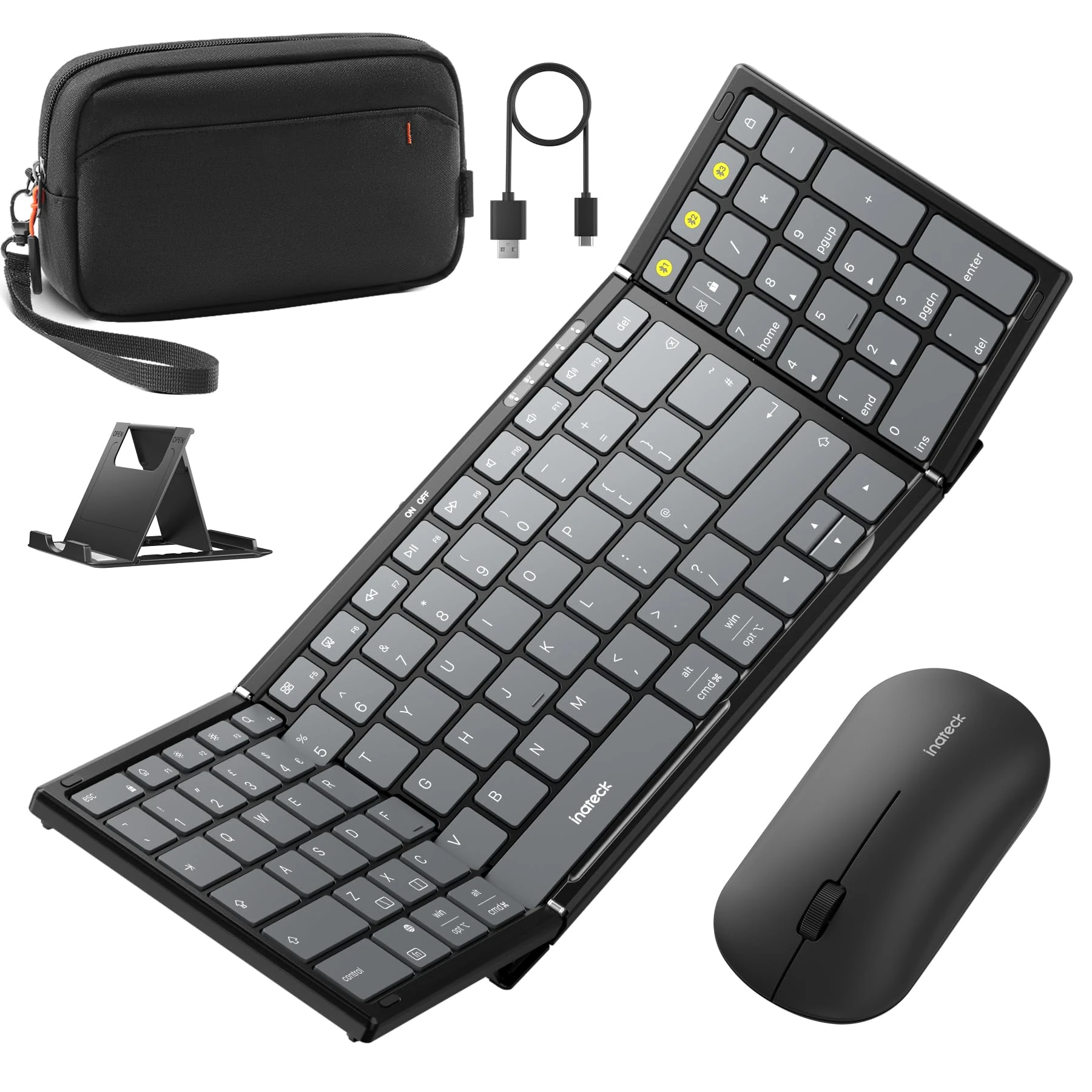 Inateck Wireless Foldable Keyboard and Mouse Set, 3 Bluetooth Channels Folding Keyboard with Numeric Keypad for Travel, with Stand and Accessory Bag, for iPad/iPhone/Mac/Android/Windows, Nomad N0158