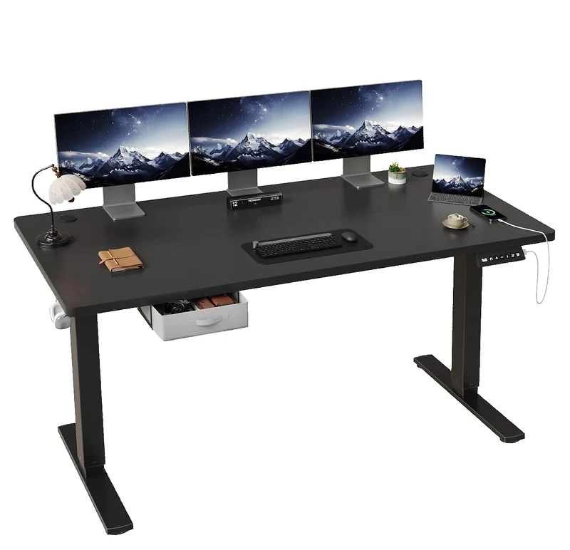 JUMMICO Height Adjustable Electric 180 x 80cm Standing Desk with Drawer & Hooks – Height Adjustable Sit Stand Desk with Stable Steel Frame, Wide Desktop Standing Table for Home Office,Black