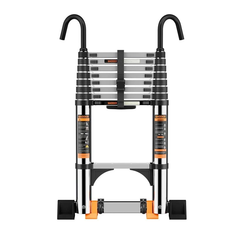 Telescopic Ladder,3.2M Stainless Steel Thickened High-Strength Loft Ladder, step ladder with Stabilizer Bar and Detachable Hooks, Multi Purpose Extendable Portable Folding Ladders