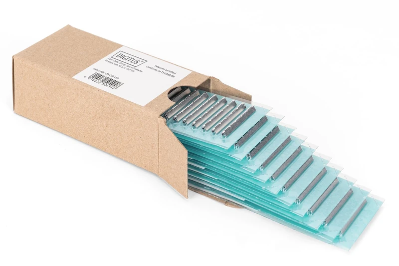 DIGITUS fibre optic crimp splice protector – 150 pieces – for fibre optic cables – clamp closure – 52 degree opening angle – protects splice points against vibrations and micro-movements – silver