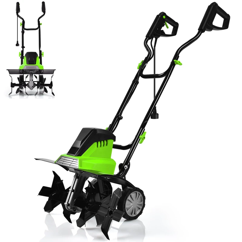 GiantexUK 1200W/1500W Electric Tiller, Lawn Soil Scarifier with 4/6 Blades, Adjustable Wheels & Foldable Handle, Lightweight Garden Cultivator Rotovator Rototiller (43cm Cutting Width, Green+Black)