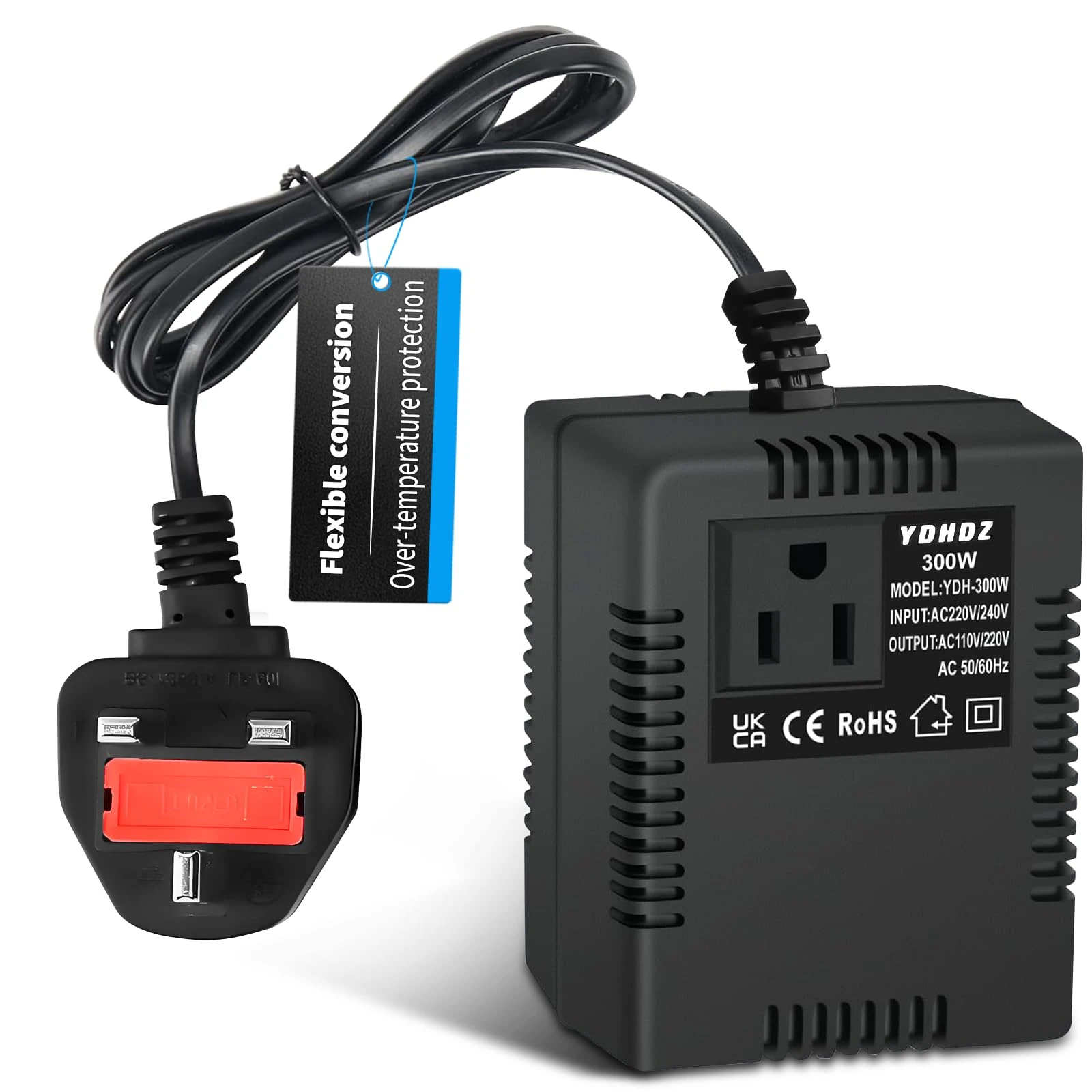 300W Step-Down Power Supply voltage converter 220V/240V to 110V/120V(UK Plug), Smart and Efficient Temperature-Protected Adapter, Suitable for WiFi, POS Machines and Power Bank (black-300w)