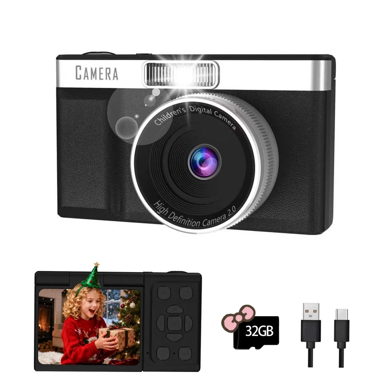 Kids Digital Camera with 180° Flip Screen, 32GB Memory Card, 1080P HD Pocket Compact Cameras, Educational Games Digital Cameras, Ideal Vlogging Camera Gifts for Children Boys Girls(Gray)