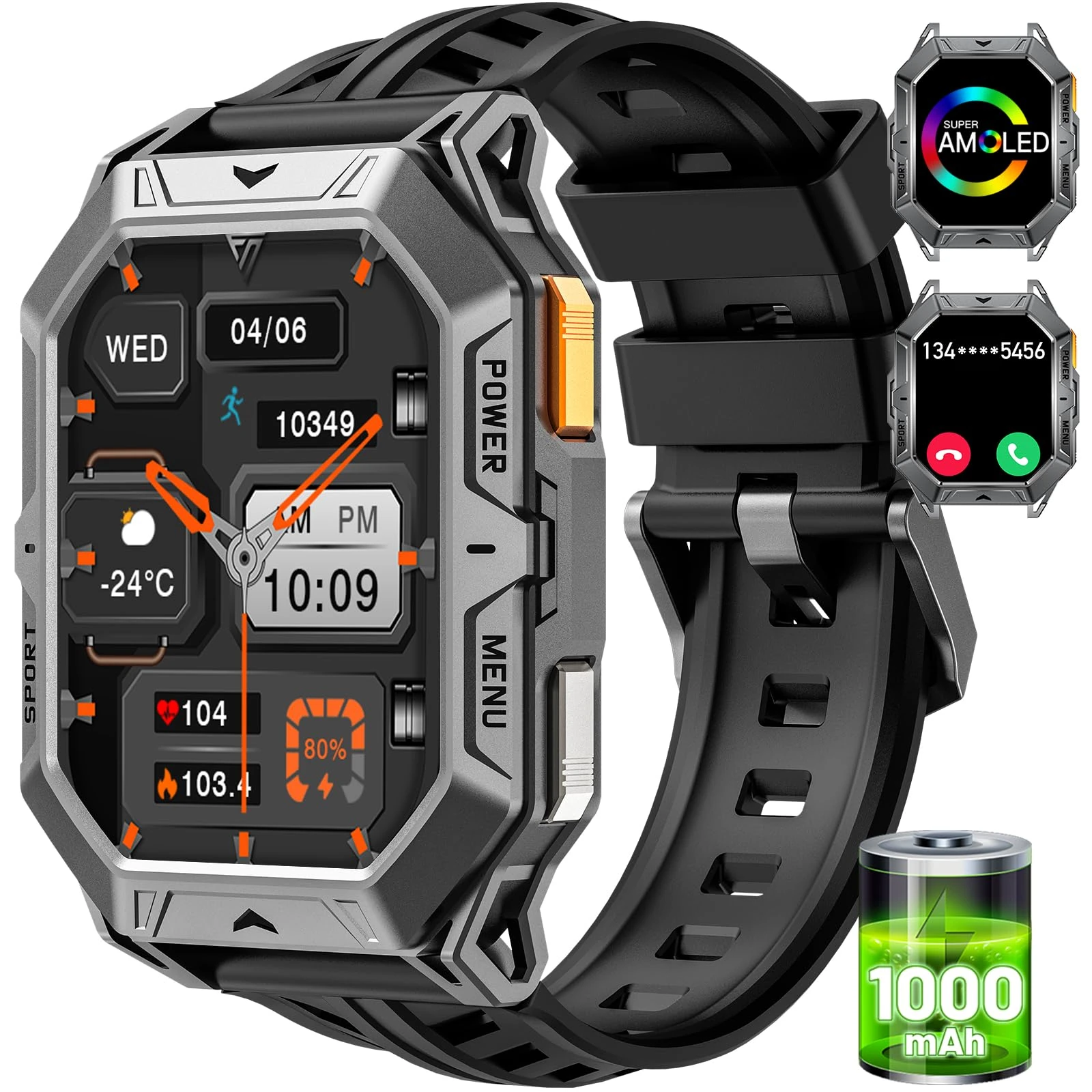 Large Smart Watch for Men with 1000mAh Battery/Answer Make Call,2.13'' Amoled Screen Military Smart Watches with Heart Rate SpO2 Sleep Monitor,120 Sports,5ATM Waterproof Smartwatch with Silicone Strap