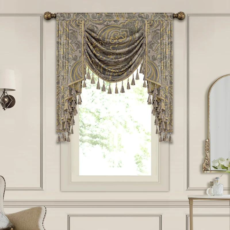 Loom and Mill European Antique Waterfall Valance for Living Room, Luxury Jacquard Damask Swag Valances with Tassels, Taupe Gold Swag Curtains for Bedroom Window Holiday Decor(W39 Inch,1 Panel)