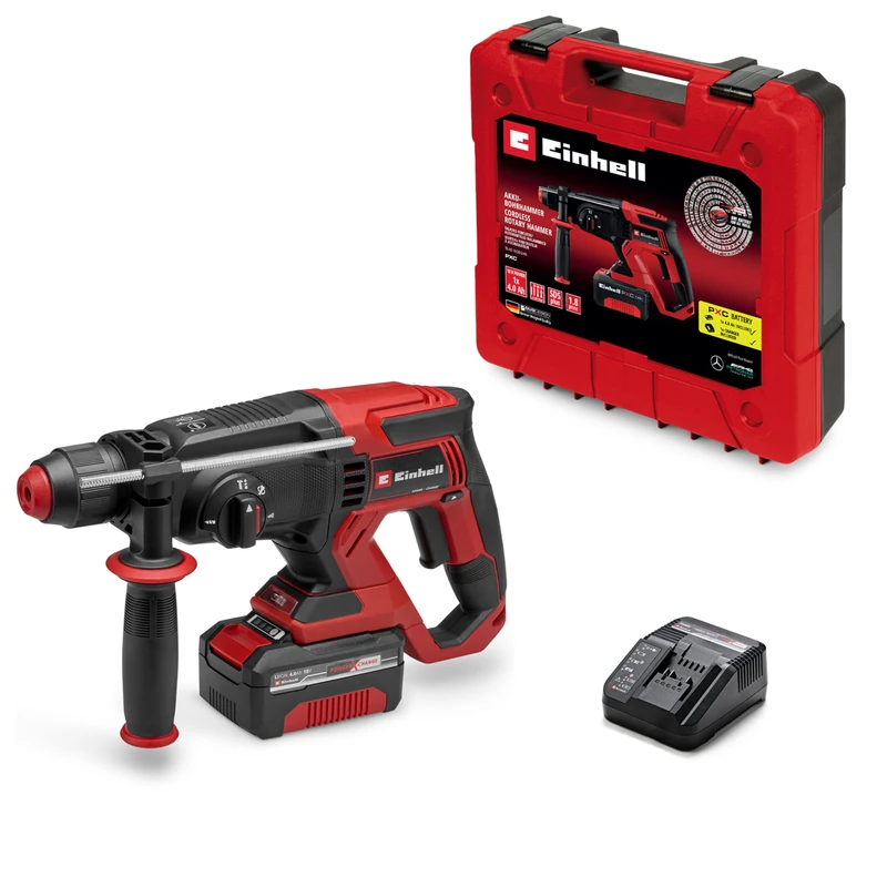 Einhell Cordless Rotary Hammer with Battery and Charger 18V Power X-Change, 1.8J, SDS-Plus, 20mm Drilling Capacity in Concrete, 4 Functions, Accessories, incl. 4.0 Ah Plus Battery and Charger