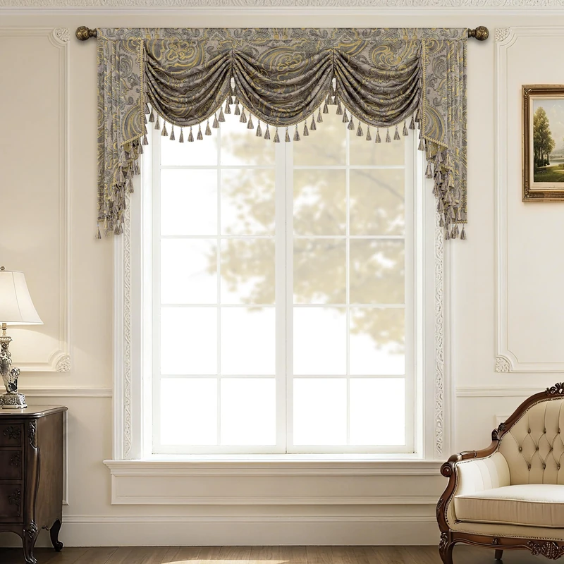 Loom and Mill European Antique Waterfall Valance for Living Room, Luxury Jacquard Damask Swag Valances with Tassels, Taupe Gold Swag Curtains for Bedroom Window Holiday Decor(W79 Inch,1 Panel)