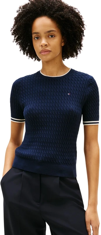 Tommy Hilfiger Women's CO Cable FINE GG C-NK S/S SWT WW0WW41787, Blue, S