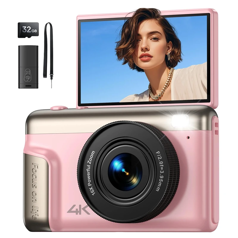 Digital Camera 4K for Photography Vlogging: 64MP Compact Photo Camera for Video 180° Flip Screen 3" Portable Digital Cameras with 16X Digital Zoom 32GB SD Card Gifts for Kids Beginners Adults Pink