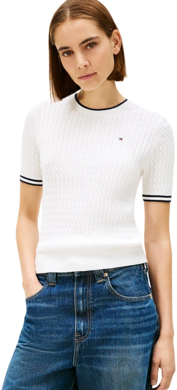 Tommy Hilfiger Women's CO Cable FINE GG C-NK S/S SWT WW0WW41787, White, S