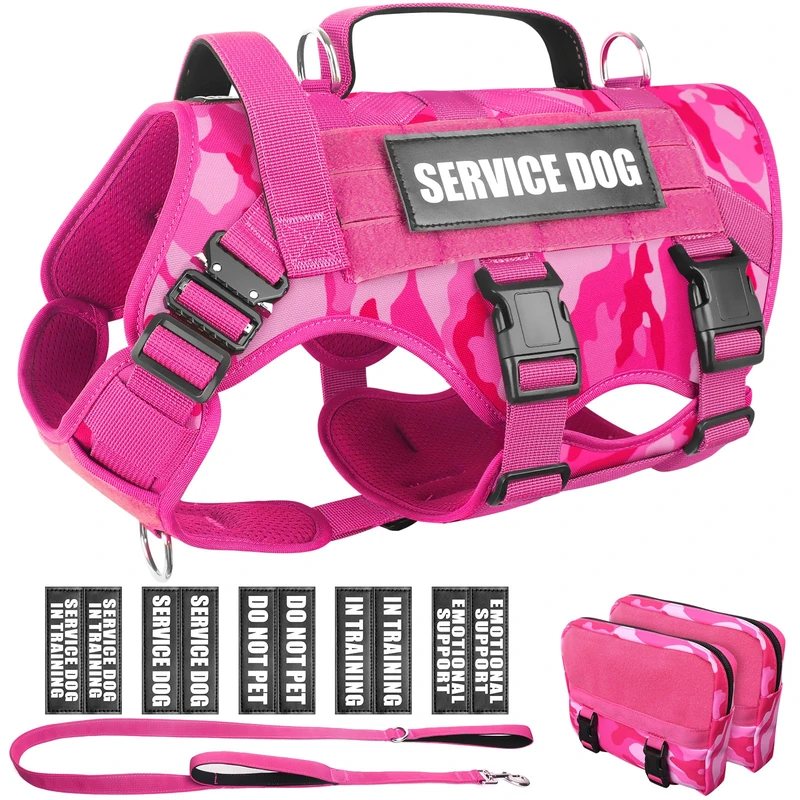 WINSEE Tactical Dog Harness with Dog Leash, Service Working MOLLE Vest with 10 Pet Patches for Dog, No Pull Military Harness and Backpack for Training Hunting Walking