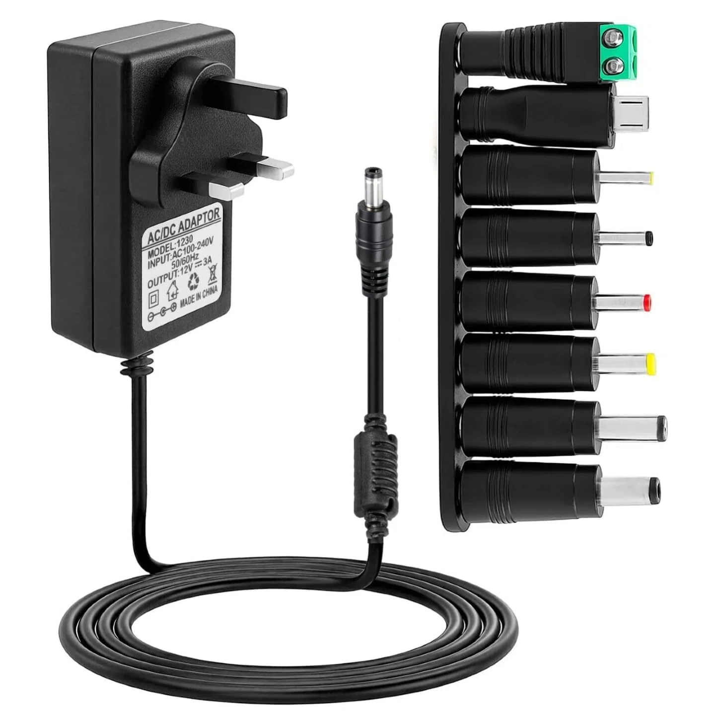 12V 3A Power Supply Cable Adapter UK 36W 3V 4.5V 5V 6V 7.5V 9V 12V 0.5A 1A 2A 3A AC to DC Charger Cord with 8 Replacement Tip for CCTV Camera Alexa Echo Dot Routers LED Strips Dab Radio TV Box