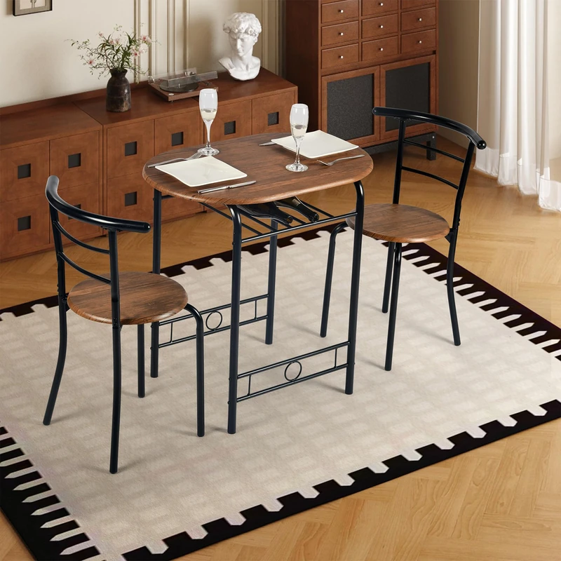 FurnitureR 3-Piece Kitchen Dining Round Table & Chair Set, Space Saving Breakfast Nook Wood Grain Tabletop with Metal Frame and Built-in Wine Rack, Dining Room (Brown/Black)