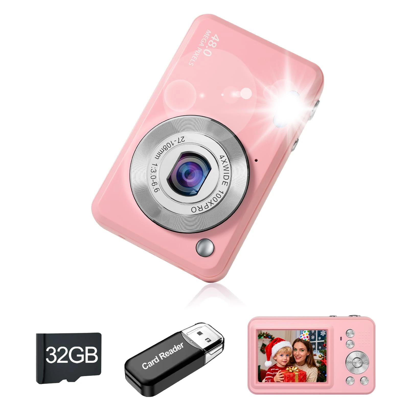 Digital Camera, 1080P HD Compact Portable Vlogging Camera with 32GB Memory Card, Long Battery Life Digital Cameras, for Children Boys Girls(Light Red)