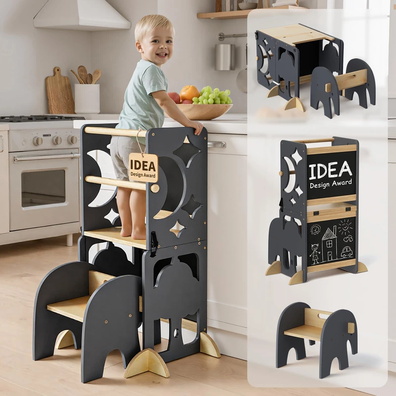 COSYLAND 4-in-1 Toddler Kitchen Step Stool - Foldable Tower