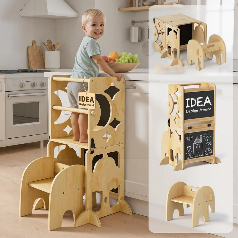 COSYLAND 4-in-1 Toddler Kitchen Step Stool - Foldable Tower