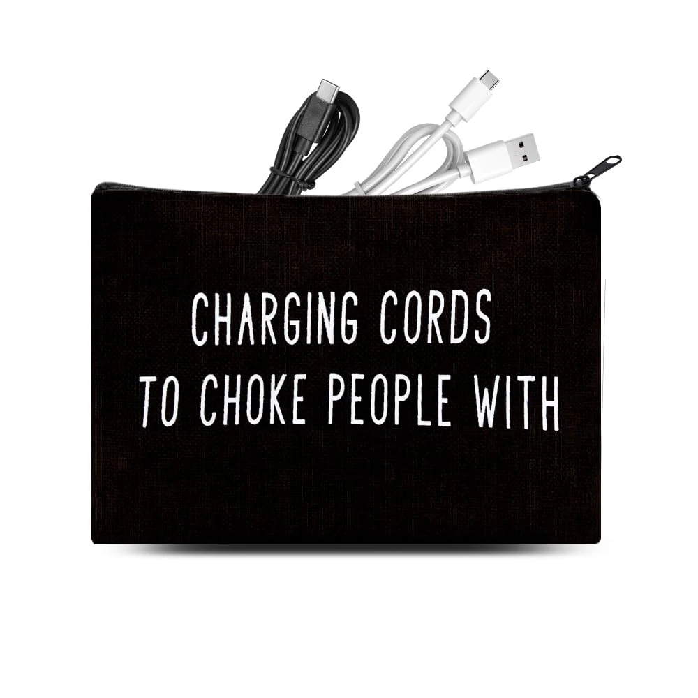Funny Cable Organiser Bag for Charging Cables Storage Pouch Black Charging Cords Organiser Pouch for Travel Home Funny Tech Accessory Bag for Women Men Portable Canvas Bag for Chargers Cords Plugs