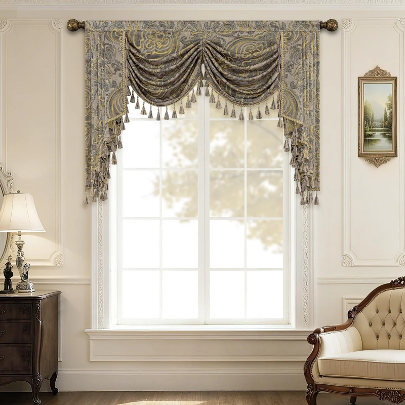 Loom and Mill European Antique Waterfall Valance for Living Room, Luxury Jacquard Damask Swag Valances with Tassels, Taupe Gold Swag Curtains for Bedroom Window Holiday Decor(W59 Inch,1 Panel)