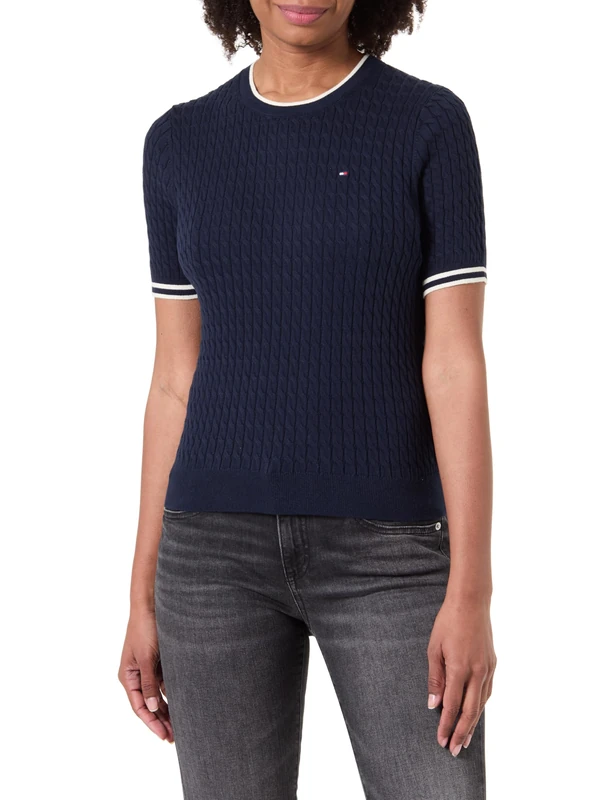 Tommy Hilfiger Women's CO Cable FINE GG C-NK S/S SWT WW0WW41787, Blue, M