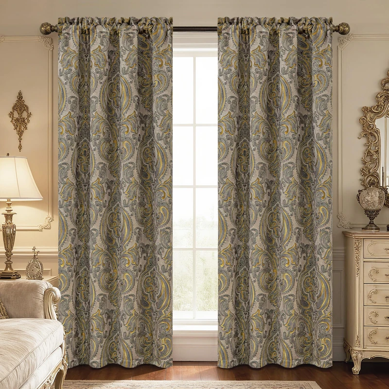 Loom and Mill European Antique Curtains for Bedroom, Textured Lined Jacquard Curtains 2 Panels with Tiebacks, Taupe Gold Damask Window Curtain for Living Room Banquet, Rod Pocket(52”x84”, 2 Panels)