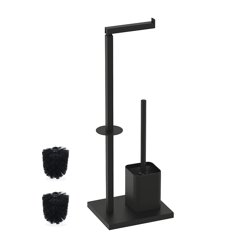 Relaxdays toilet set, HWD: 67.5 x 20 x 15.5 cm, metal, standing toilet paper holder, brush, spare roll holder, black