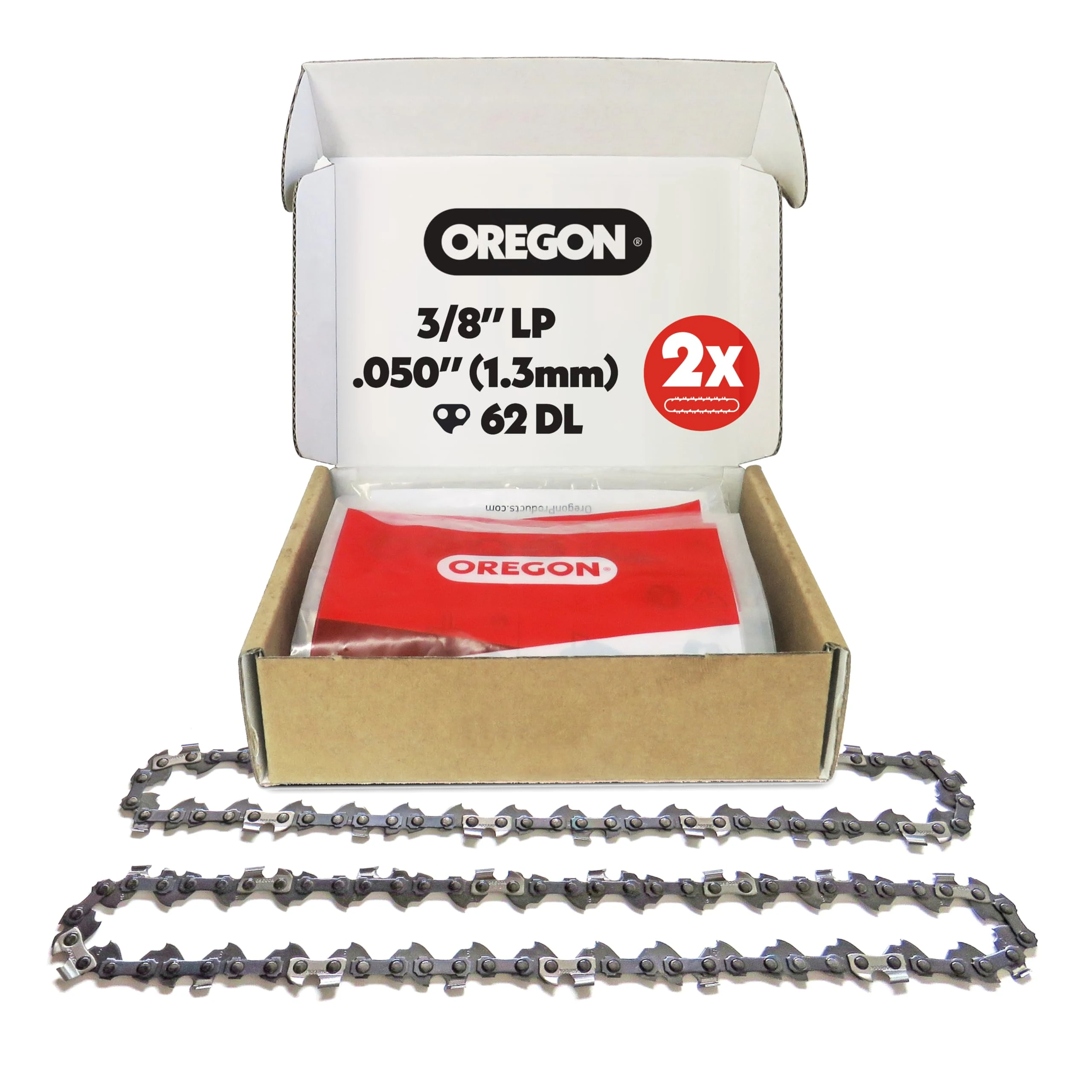 Oregon 2-Pack Chainsaw Chain 3/8" LP Pitch, .050" (1.3 mm) Gauge for 18" (45cm) Bar, 62 Drive Links - Low-Kickback Replacement Saw Chain, Fits Husqvarna, Mac Allister, Bosch and More
