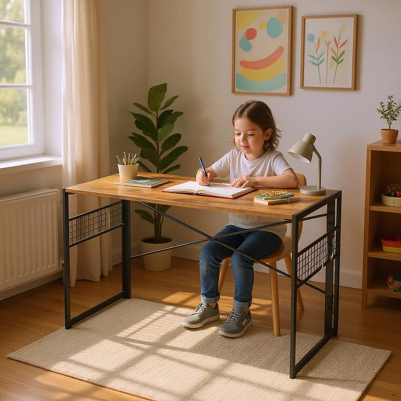 FurnitureR Industrial Folding Kids Desk Workstation with Grid Panels, 100 cm x 50 cm, Rustic Brown and Black Metal Frame, Vintage - Image 1