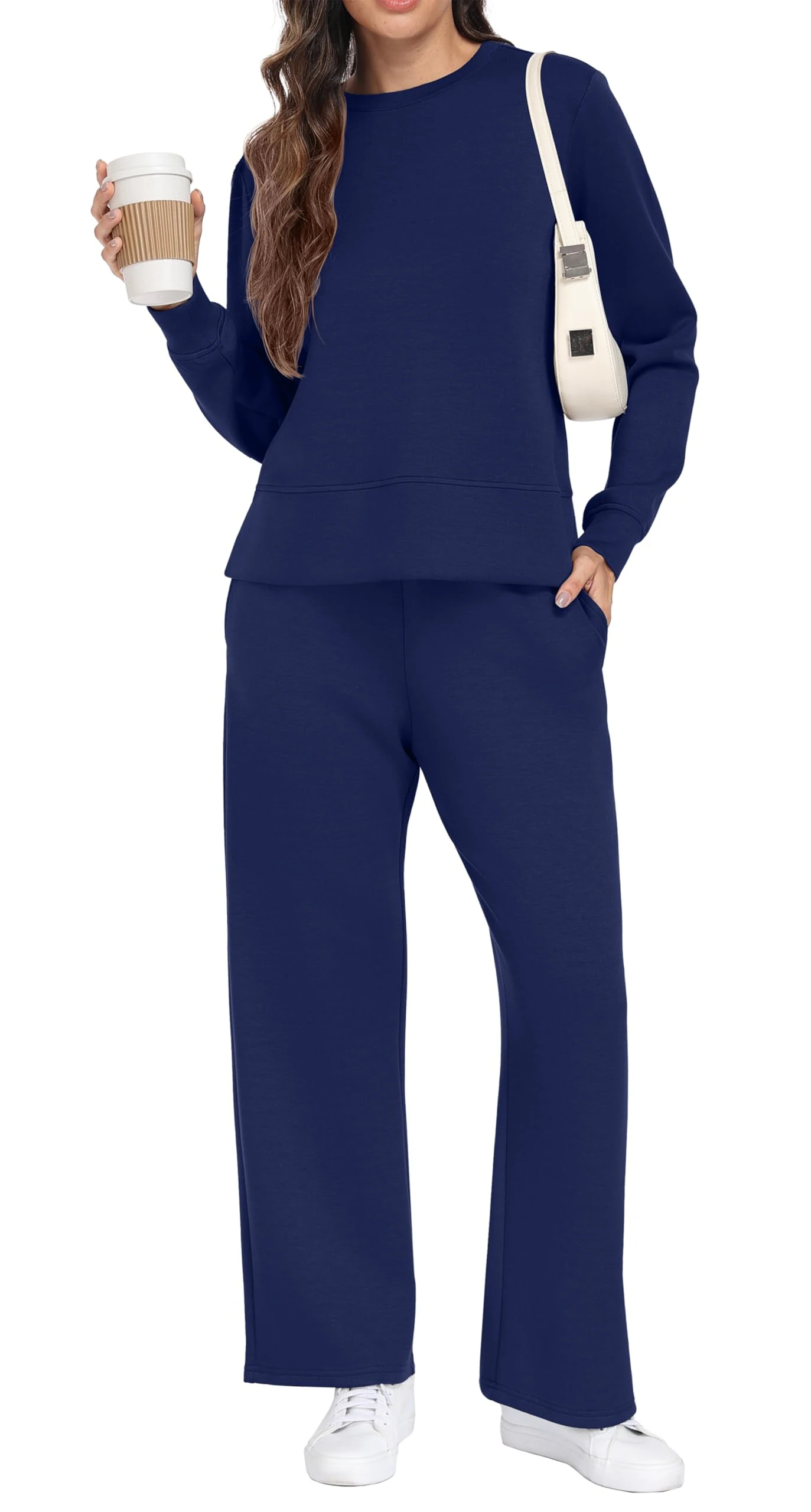 GRECERELLE Tracksuit Womens Full Set Two Piece Outfits Women Autumn Long Sleeve Lounge Wear Sets for Women Casual Pullover Crew Neck Tops and Jogging Bottoms with Pockets (Navy Blue, L)