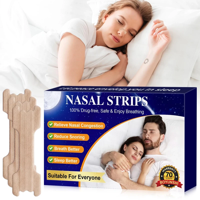 BOYUNSHI Nasal Strips, 70 PCS Nose Strips for Snoring & Breathing, Blocked Nose Relief for Men and Women Sleeping Stop Snoring Aids, Drug-Free Anti Snore Devices, Improve Sleep